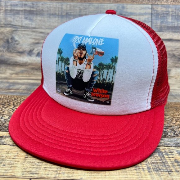 Post Malone Mens Trucker Hat Red Snapback White Iverson Album Cover Hip Hop Cap - Picture 6 of 7